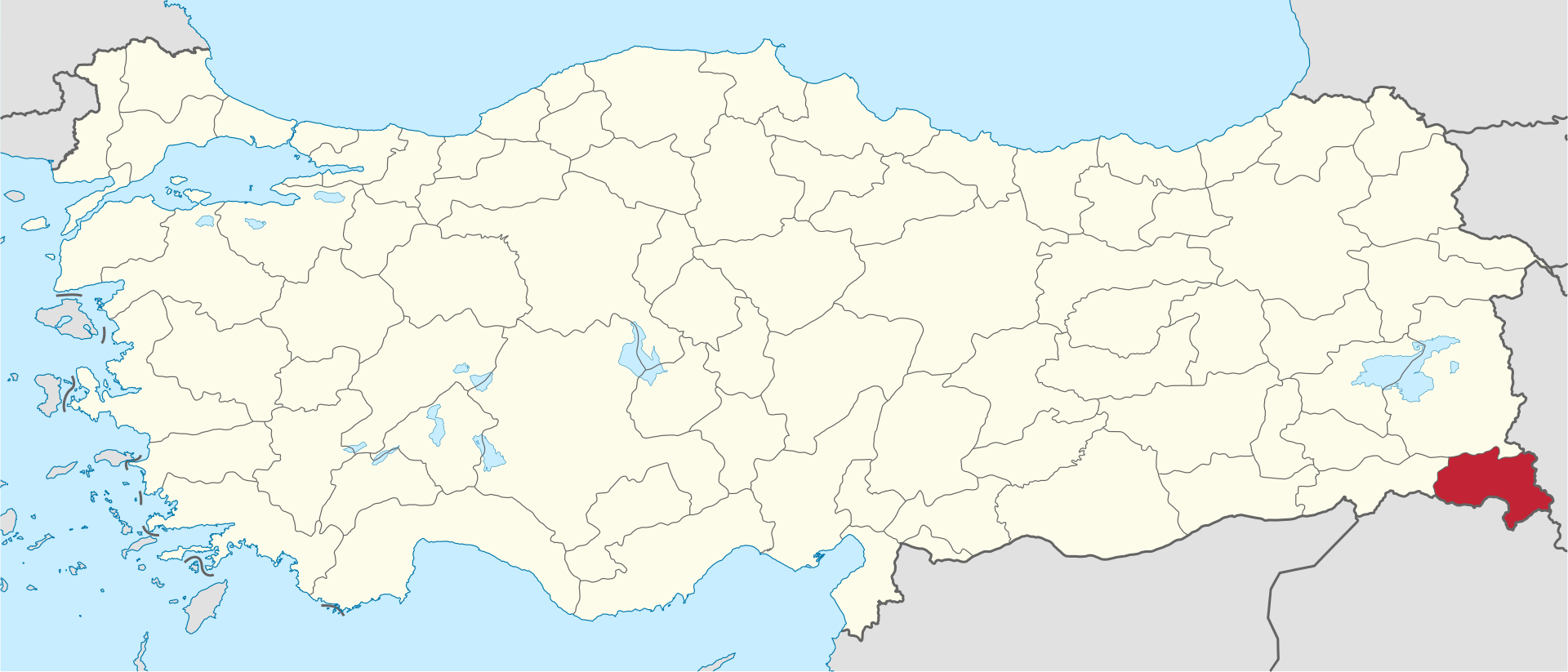 Hakkari'in Türkiye haritası üzerindeki konumu